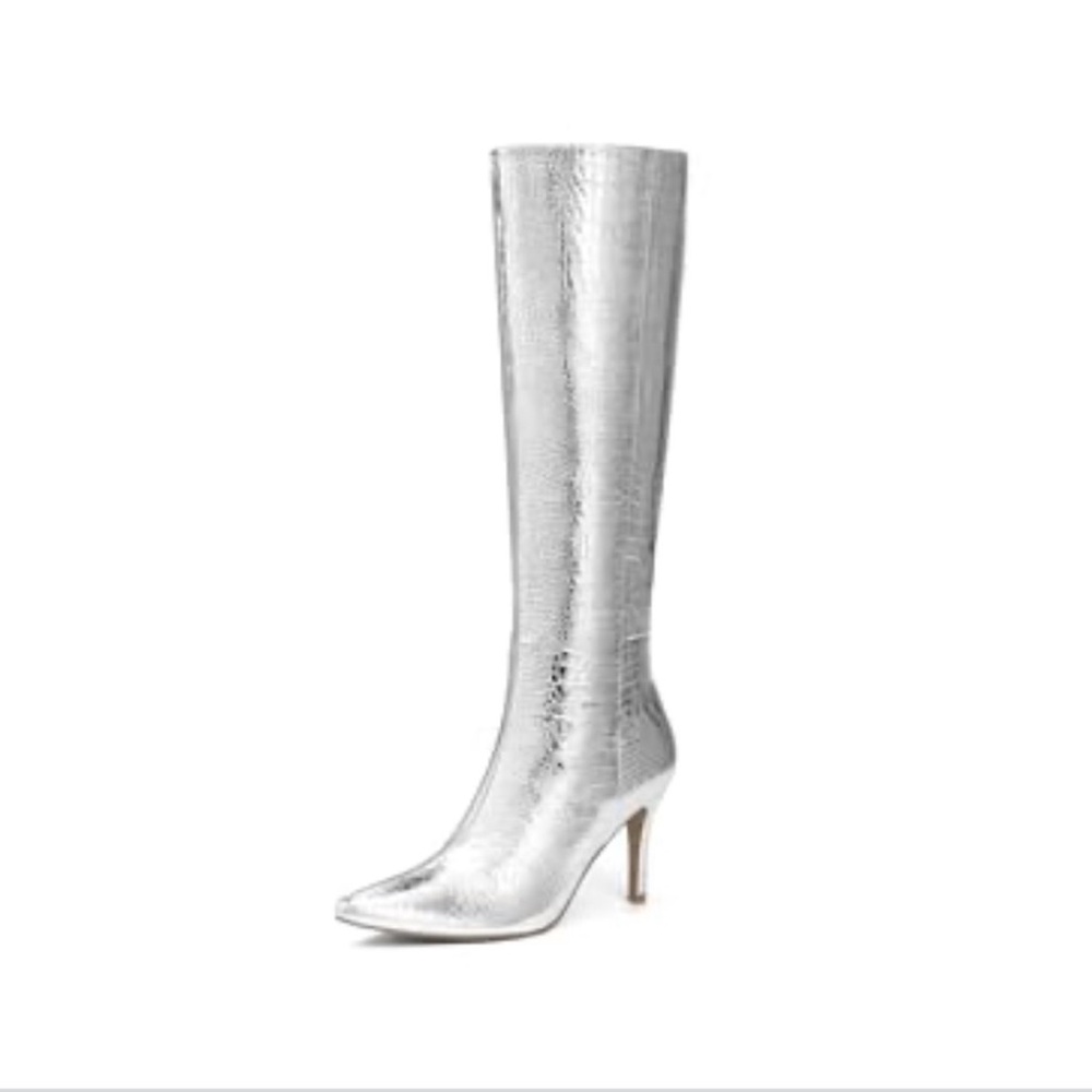 Silver Shiny Metallic Party Knee-High Pointed Toe Stiletto Boot Size 8